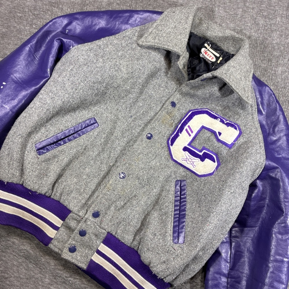Neff Varsity Jacket Mens XL Gray Purple Letterman Distressed Streetwear Tear